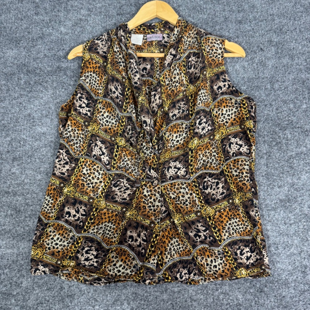 Bora Bora Sleeveless Blouse Animal Chain Print Womens Medium Brown 100% Silk EUC